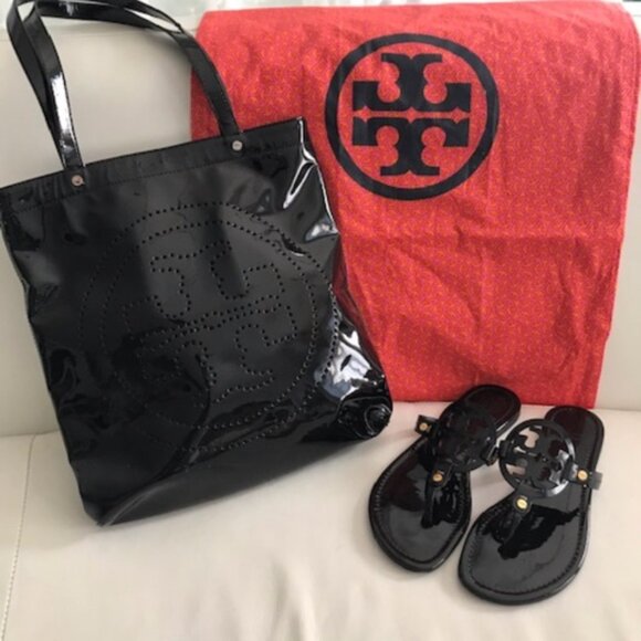 Tory Burch Black Patent Leather Tote Bag with Logo and Storage Bag - Picture 4 of 5
